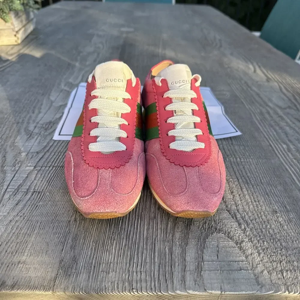 Gucci Rocket Suede Pink Low Top Sneakers Green/Red Stripe SZ IT 40 US 10 W/COA